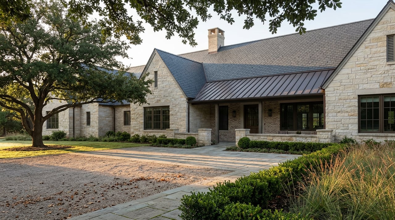 Limestone estate house with slate gables, framed by a live oak and clipped hedge beside a gravel motor court.