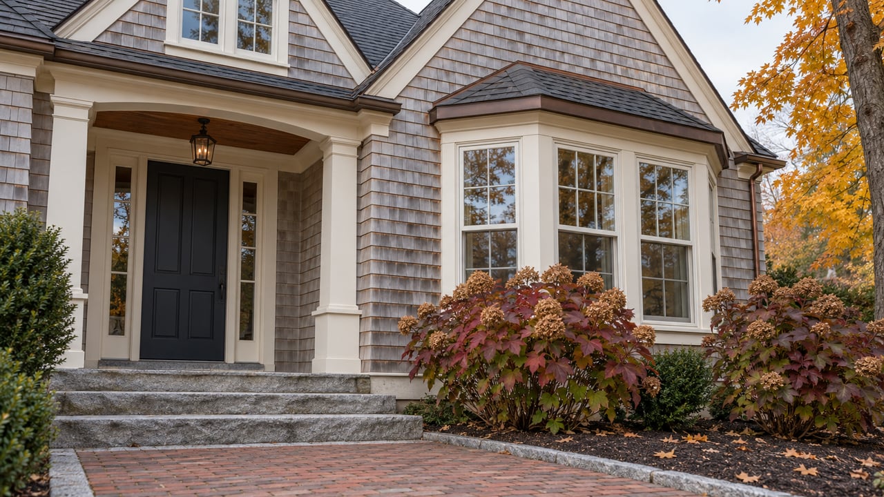 Cedar-shingled home with ivory window trim, granite entry steps and burgundy oakleaf hydrangeas beneath a pale autumn sky.