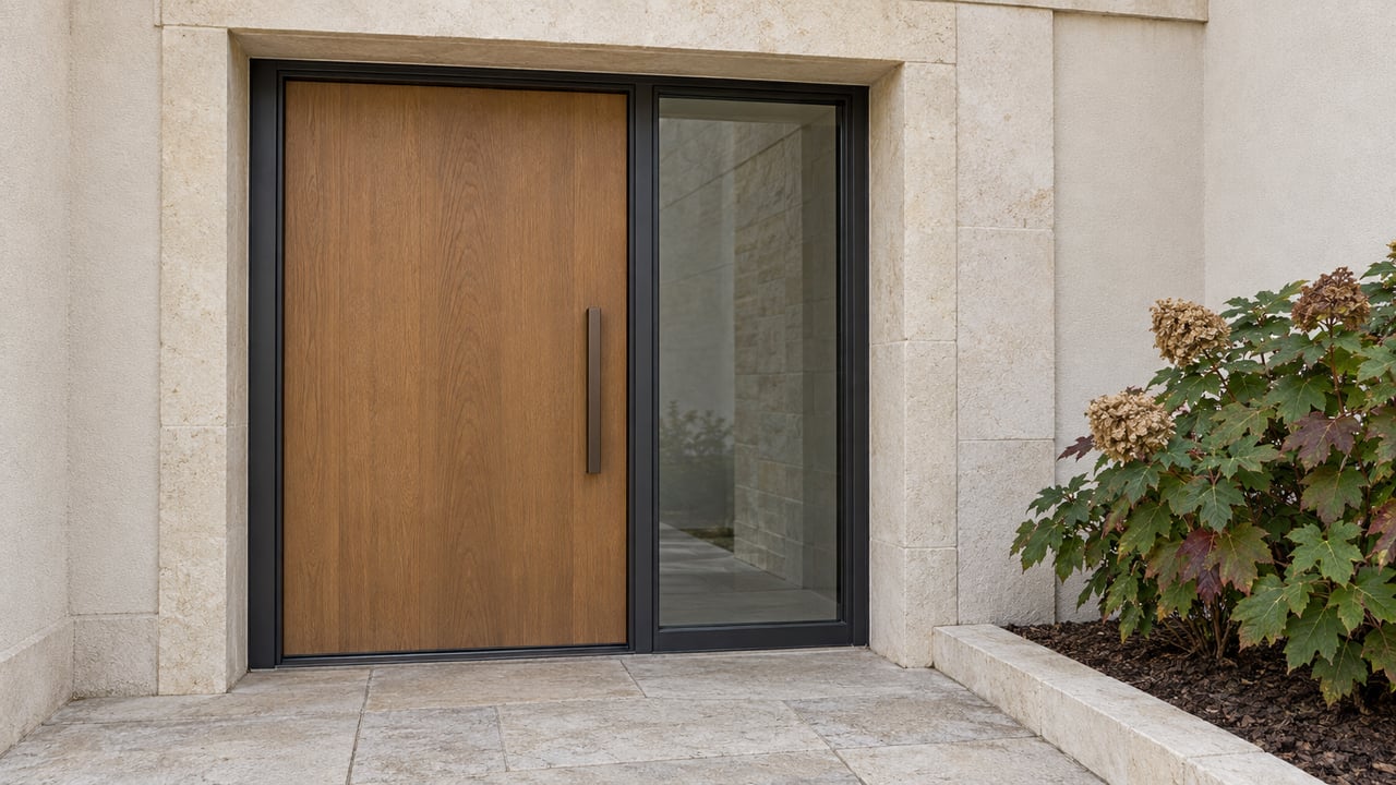 Cream limestone and pale stucco frame a warm oak front door and glazed sidelight, beside an oakleaf hydrangea and worn stone landing.