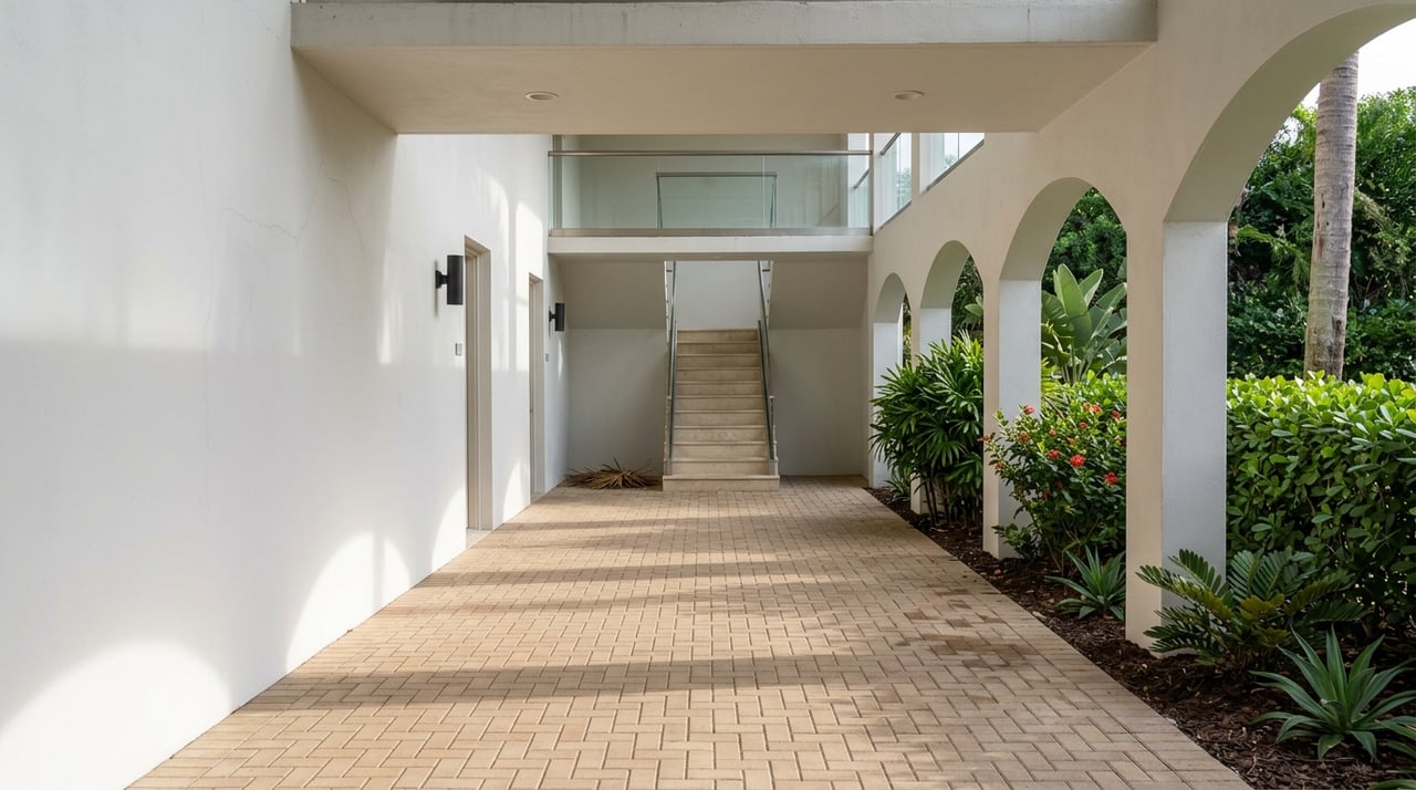 A condo breezeway with white stucco walls, pavers, and a glass railing.