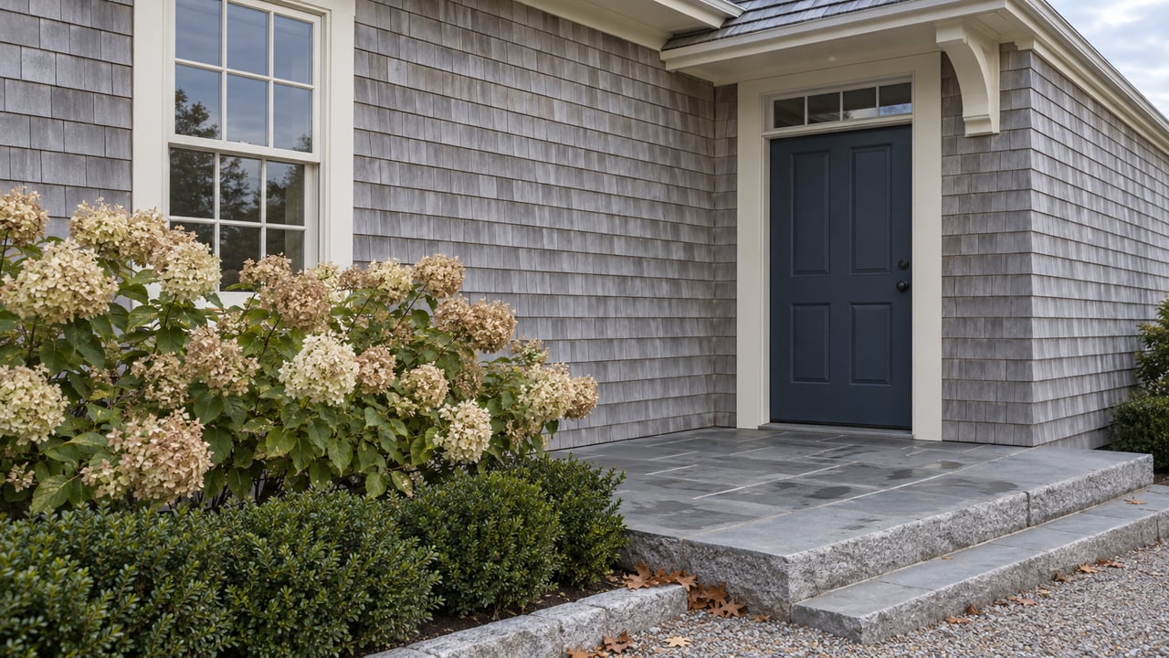 Gray-shingled house side entrance with a dark blue door, bluestone steps, and drying hydrangea.