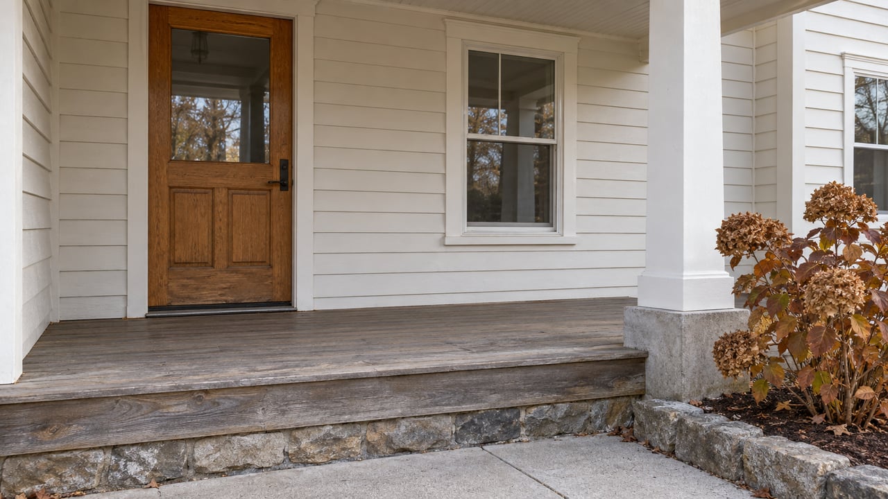 Covered porch with an oak front door, off-white clapboards, a double-hung window and weathered wood decking beside a dried oakleaf hydrangea.