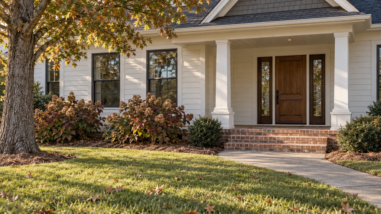 Updated white-sided home with a brick porch, oak entry door, deep lawn and autumn oakleaf hydrangeas.
