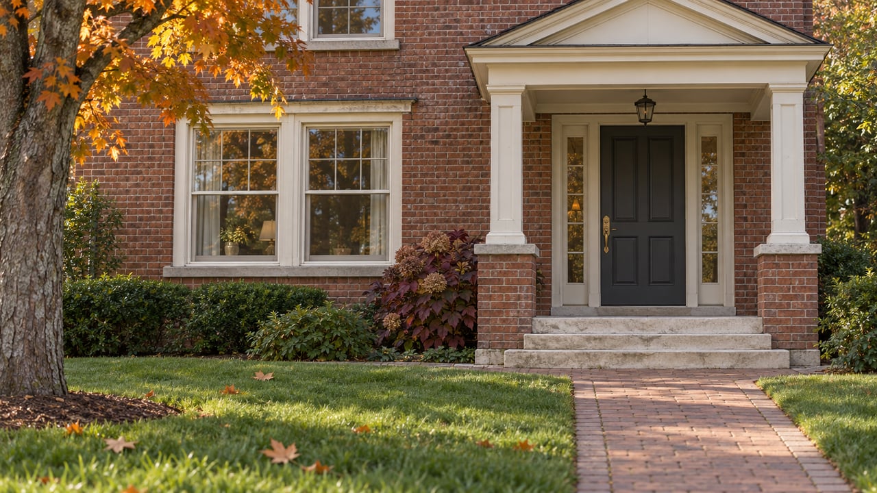 Traditional brick home entrance with ivory portico, charcoal door, limestone steps, and autumn leaves on the lawn.