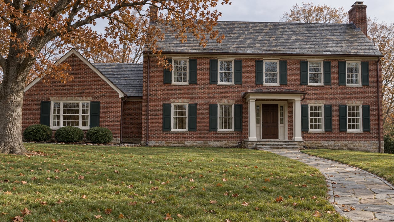 Traditional red brick house with slate gables, ivory windows, and a covered entrance beyond a deep autumn lawn and mature red oak.
