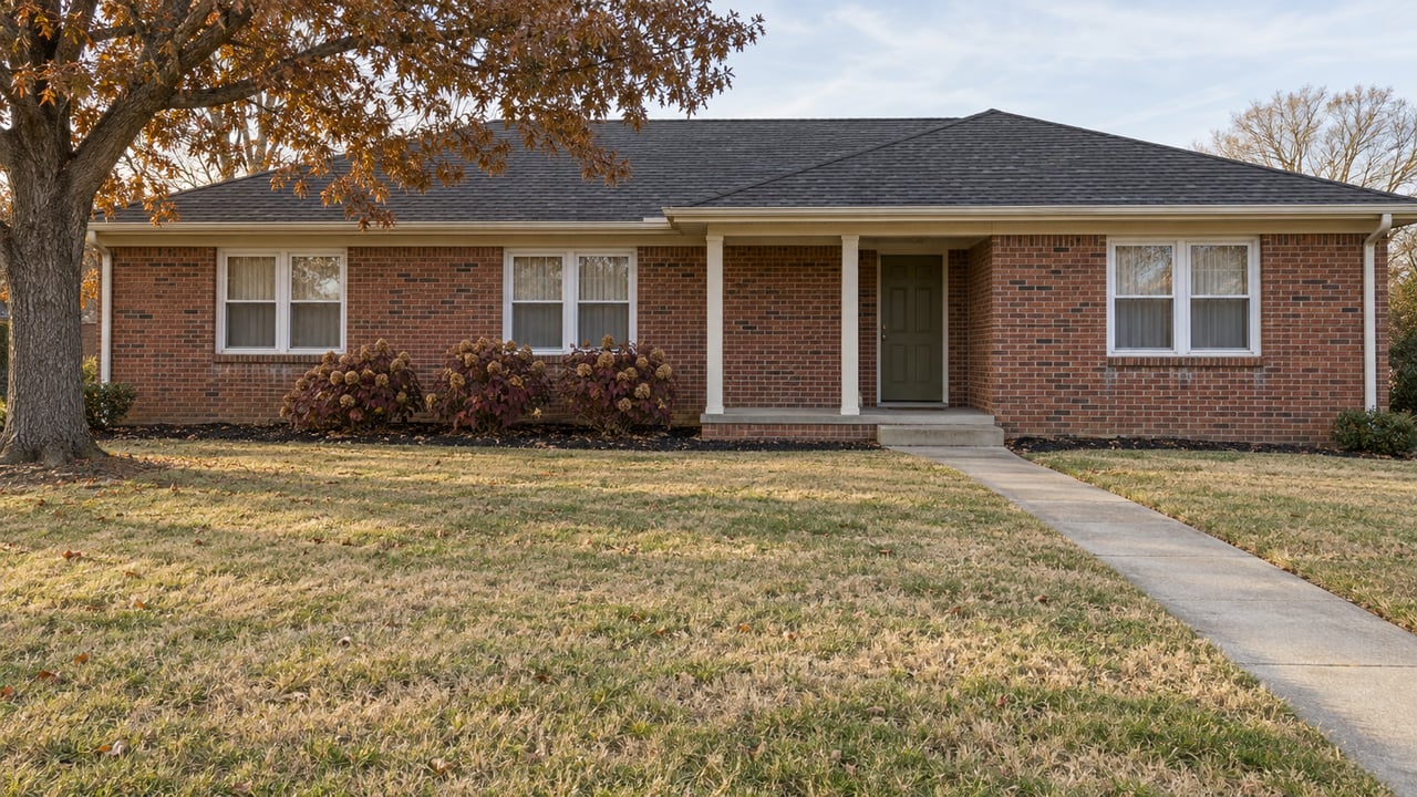 A low red-brown brick home beyond a broad autumn lawn, with a shallow covered entry and a mature oak at the edge of the frame.
