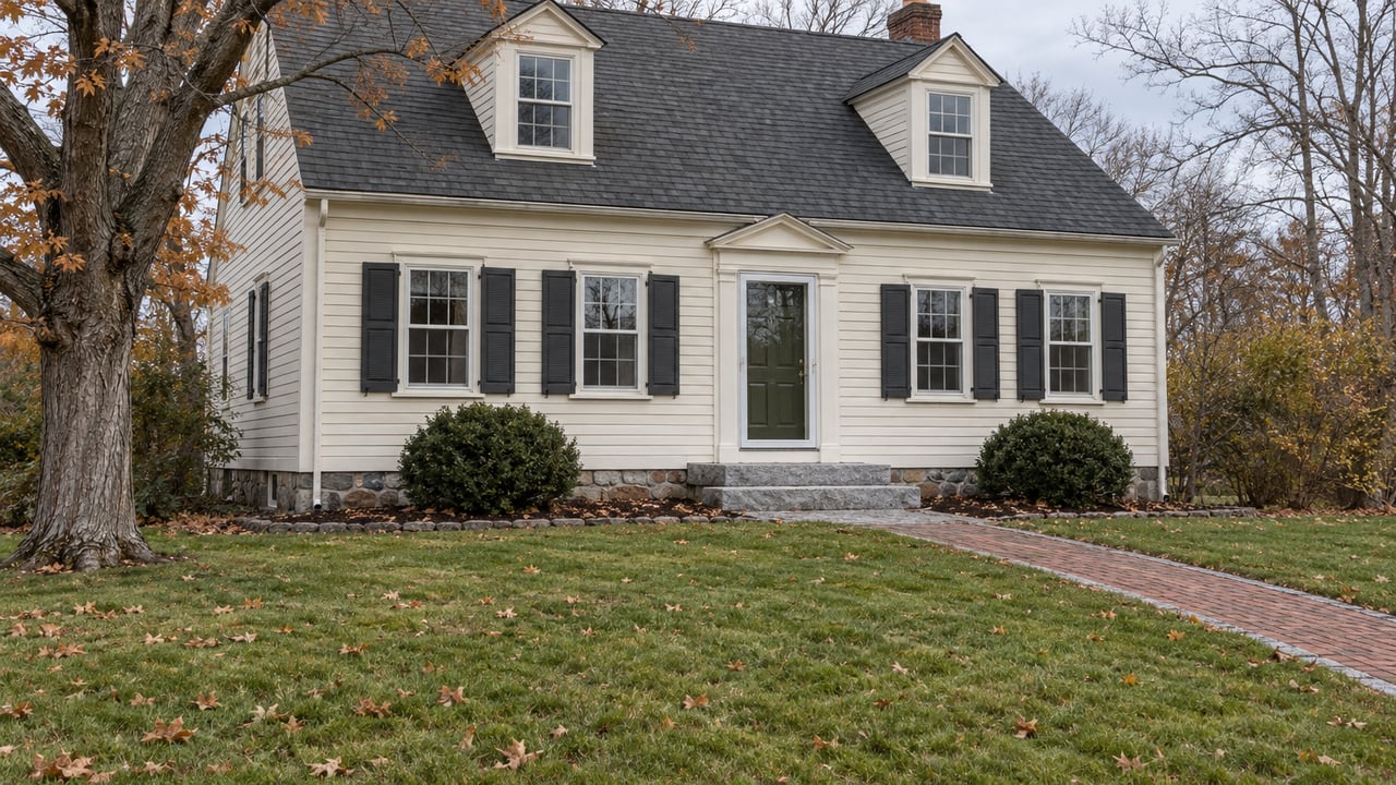 An ivory clapboard home with dormers and dark shutters sits behind a deep autumn lawn beside a mostly bare maple tree.