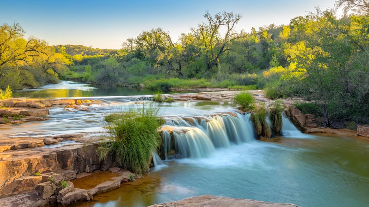 A broad waterfall spills over layered sandstone ledges into a turquoise pool, surrounded by green trees.