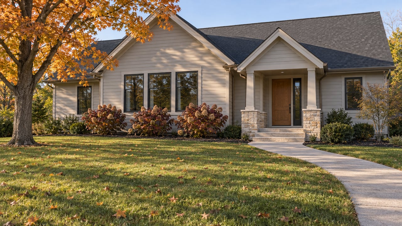 Light-sided gabled home with dark windows, a limestone porch, and a broad autumn lawn beneath an orange-leaved maple.