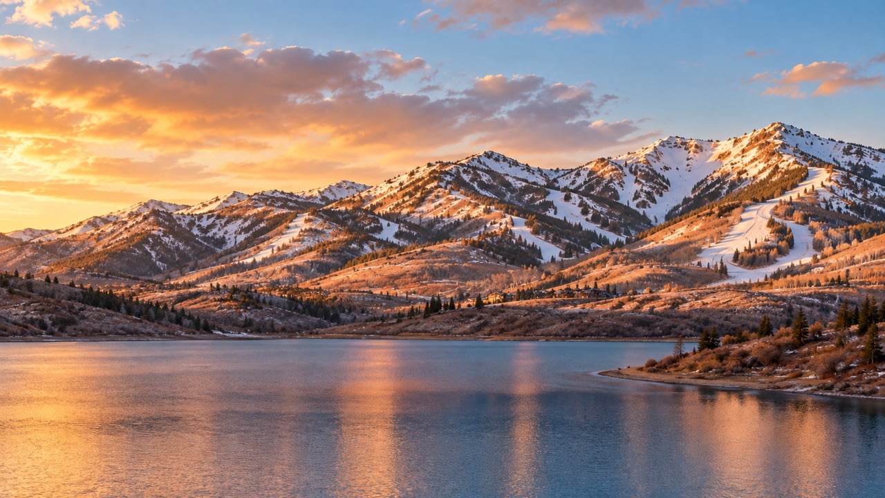 Snowy mountains and ski runs rise above a lake reflecting the sunset.