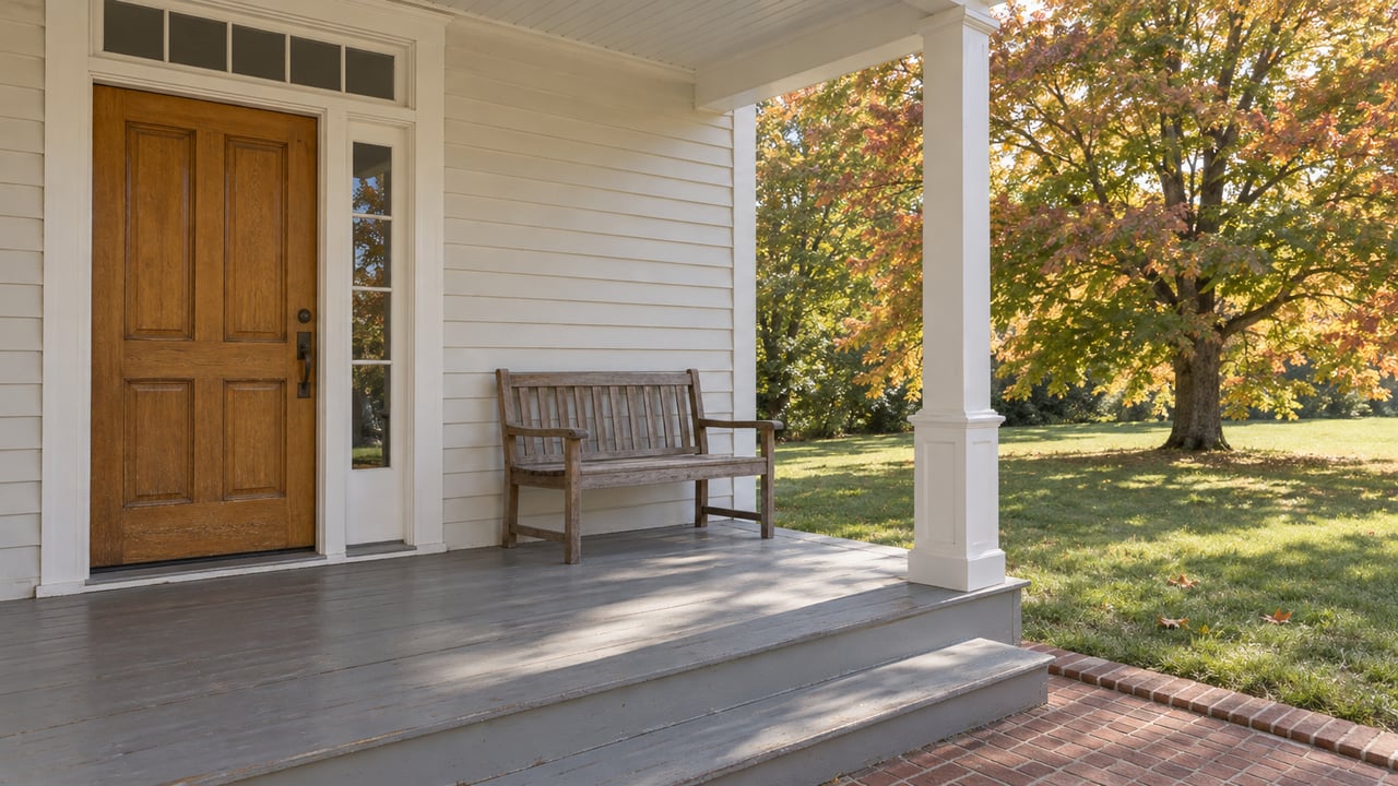 A wood front door and worn gray porch floor overlook a lawn and a mature maple turning gold and rust.