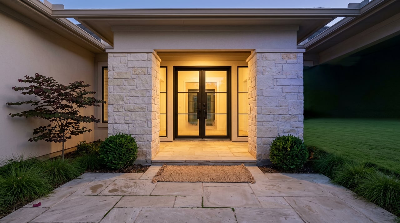 Cream stone piers frame glowing glazed double doors, with a flagstone landing, clipped boxwoods, and lawn.