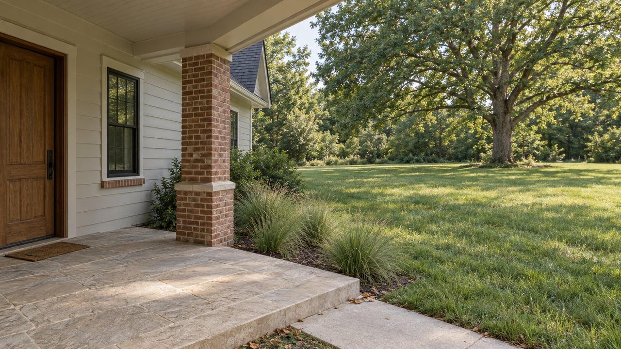 Brick-and-siding house porch overlooking a broad lawn, with a white oak at the far edge.