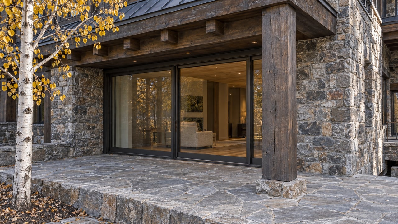Dark timber eaves shelter a glazed condominium terrace edged by rough stone and a gold-leaved aspen.