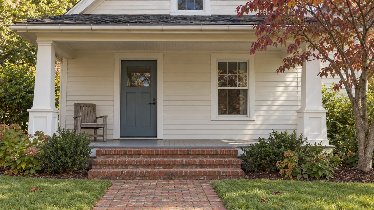 White-sided house with a covered porch, gray front door, and brick steps amid autumn foliage.
