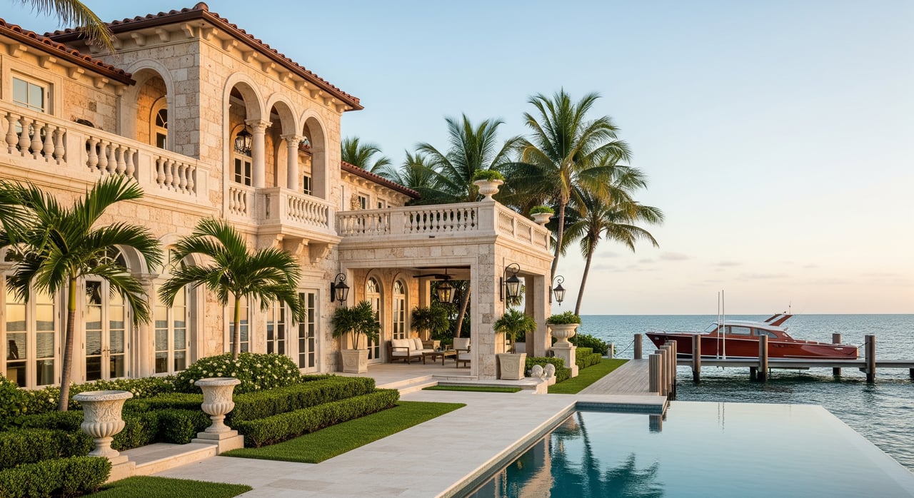 Mediterranean-style waterfront villa with arched balconies, palm trees, an infinity pool, and a docked boat.