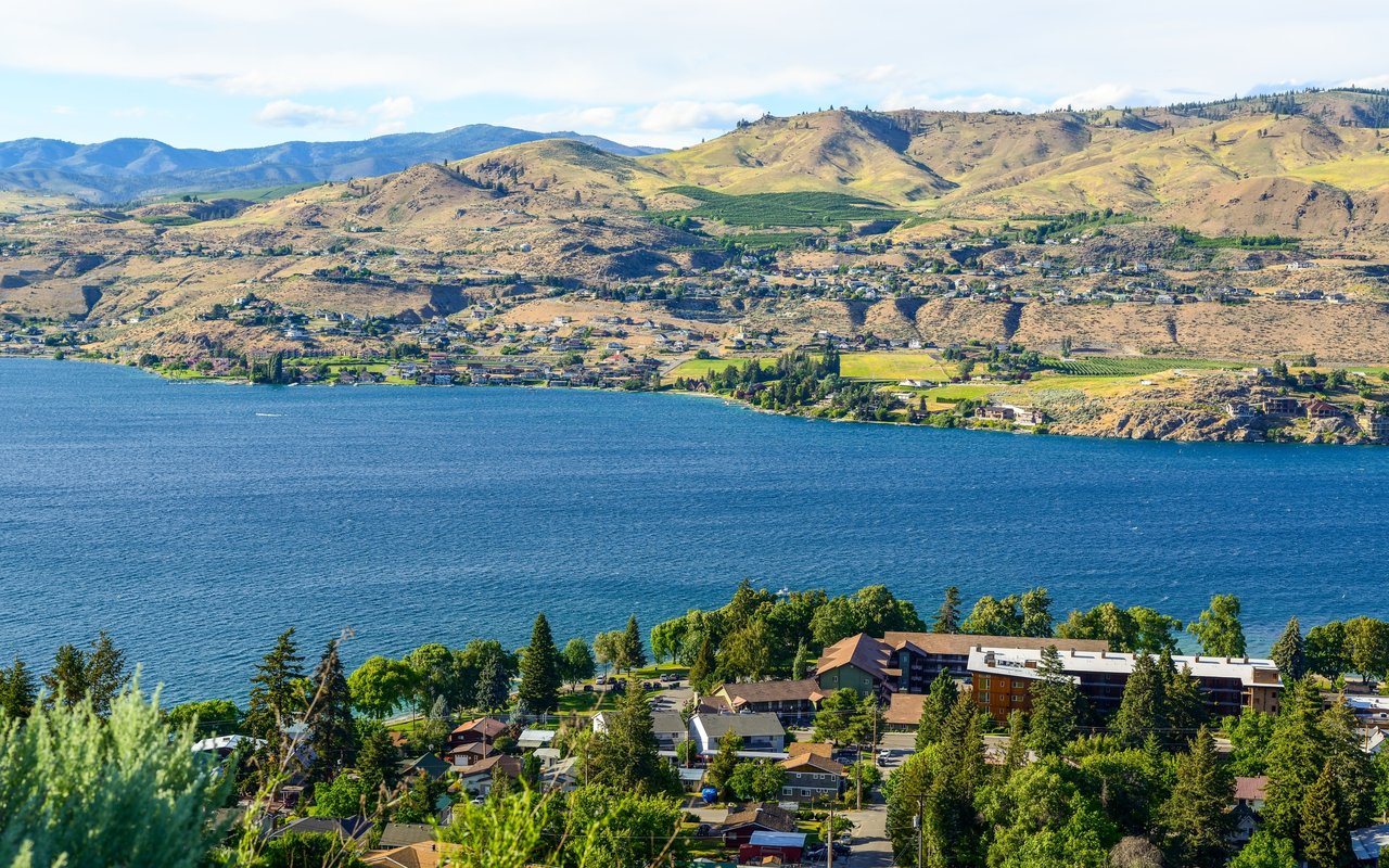 Waterfront neighborhood with homes below a broad blue bay and sunlit hills.