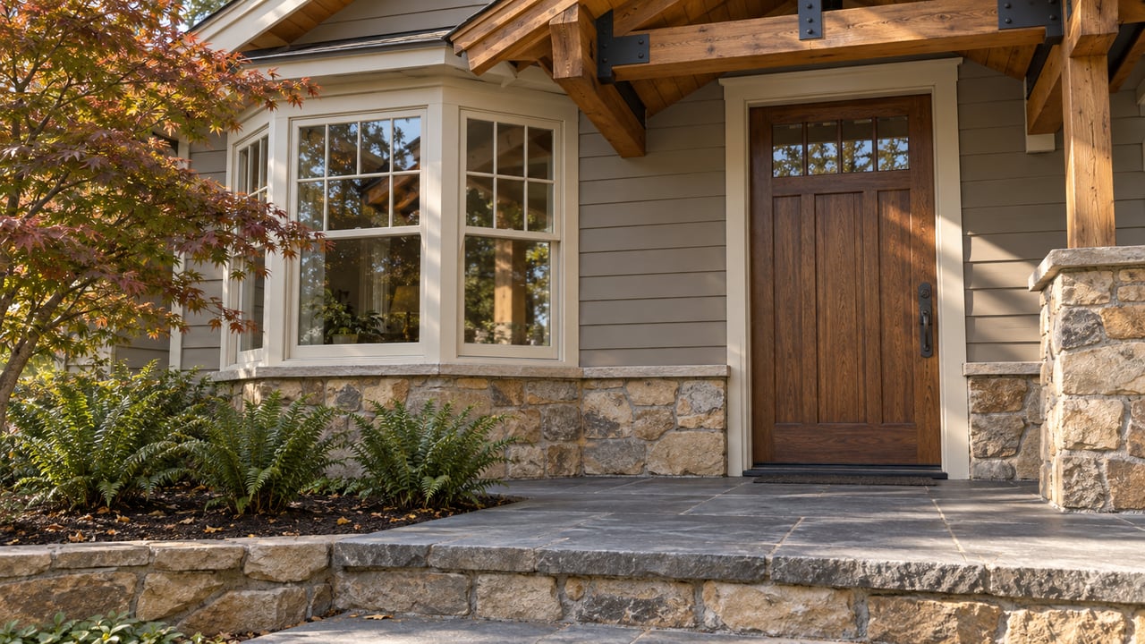 Home entrance with a dark wood door, exposed timber beams, stone facade, and autumn foliage.