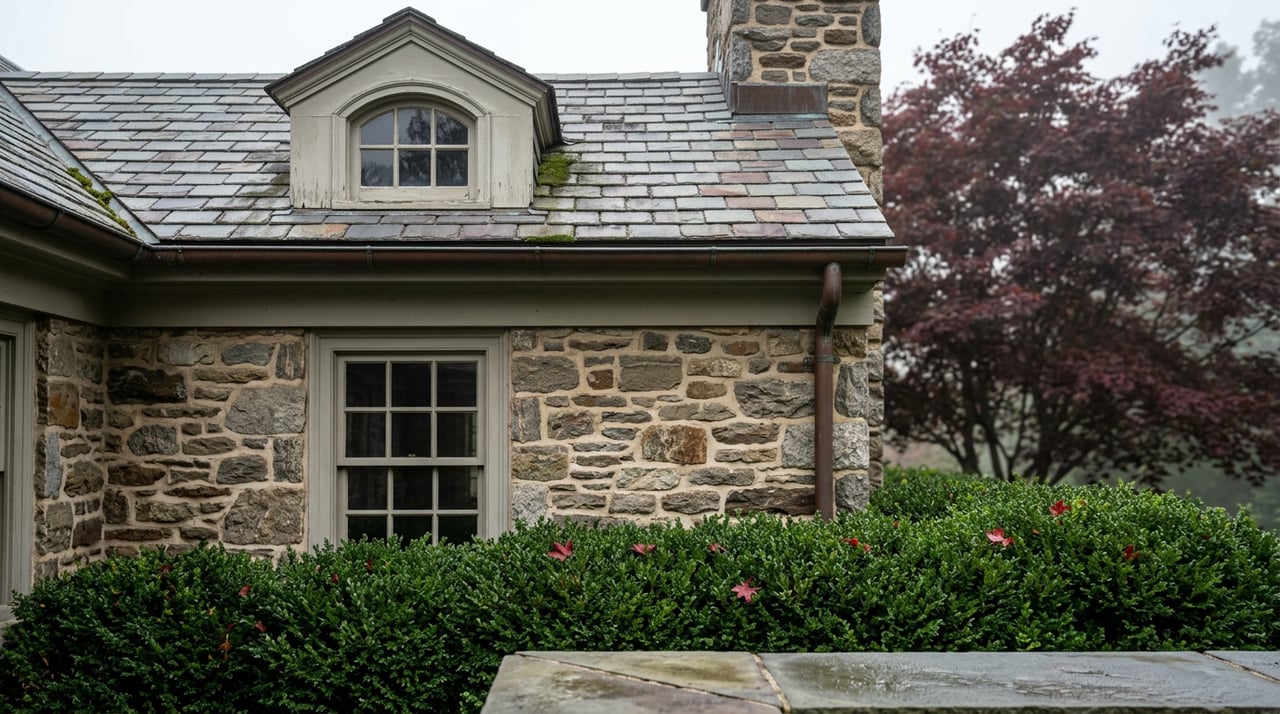 Fieldstone house corner with a slate dormer, arched window, copper gutter, clipped boxwood, and red maple leaves.