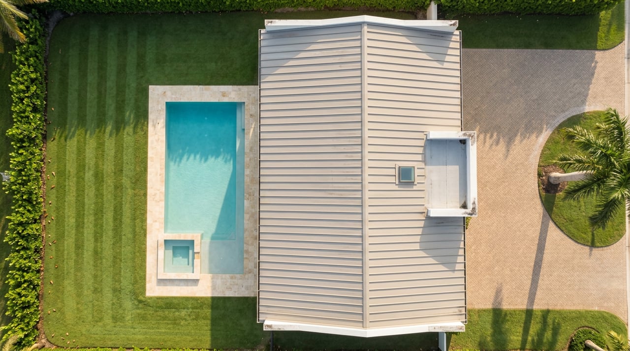 Overhead view of an estate with a turquoise pool, grey metal roof, herringbone paver court, and palm tree.