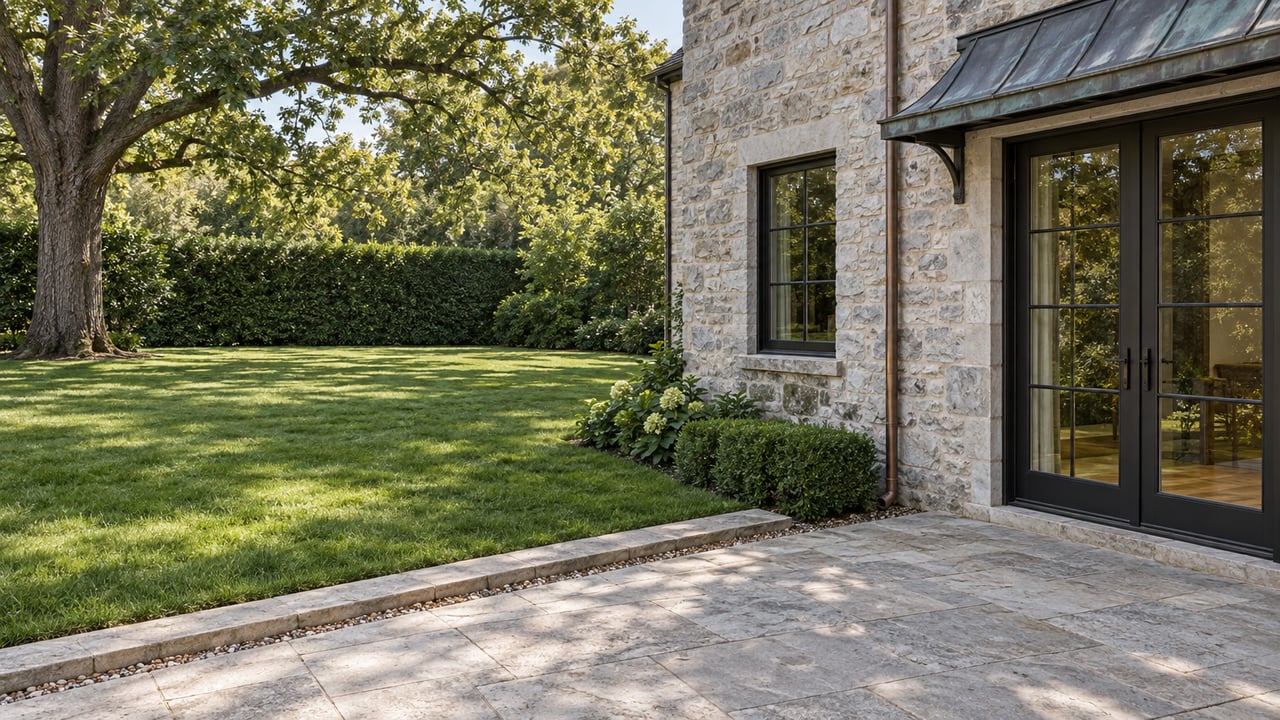 Rear lawn beside a pale fieldstone house, with glazed doors, limestone terrace, clipped hedge, and mature oak.