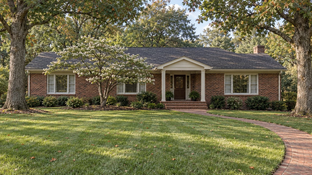 A low brick home behind a deep green lawn, framed by mature white oaks and a dogwood beside a curved brick approach.