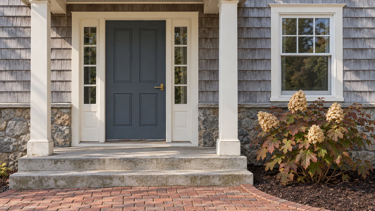 Close view of a slate-blue front door with paired white sidelights, weathered cedar shakes, a fieldstone base and autumn oakleaf hydrangea beside brick paving.