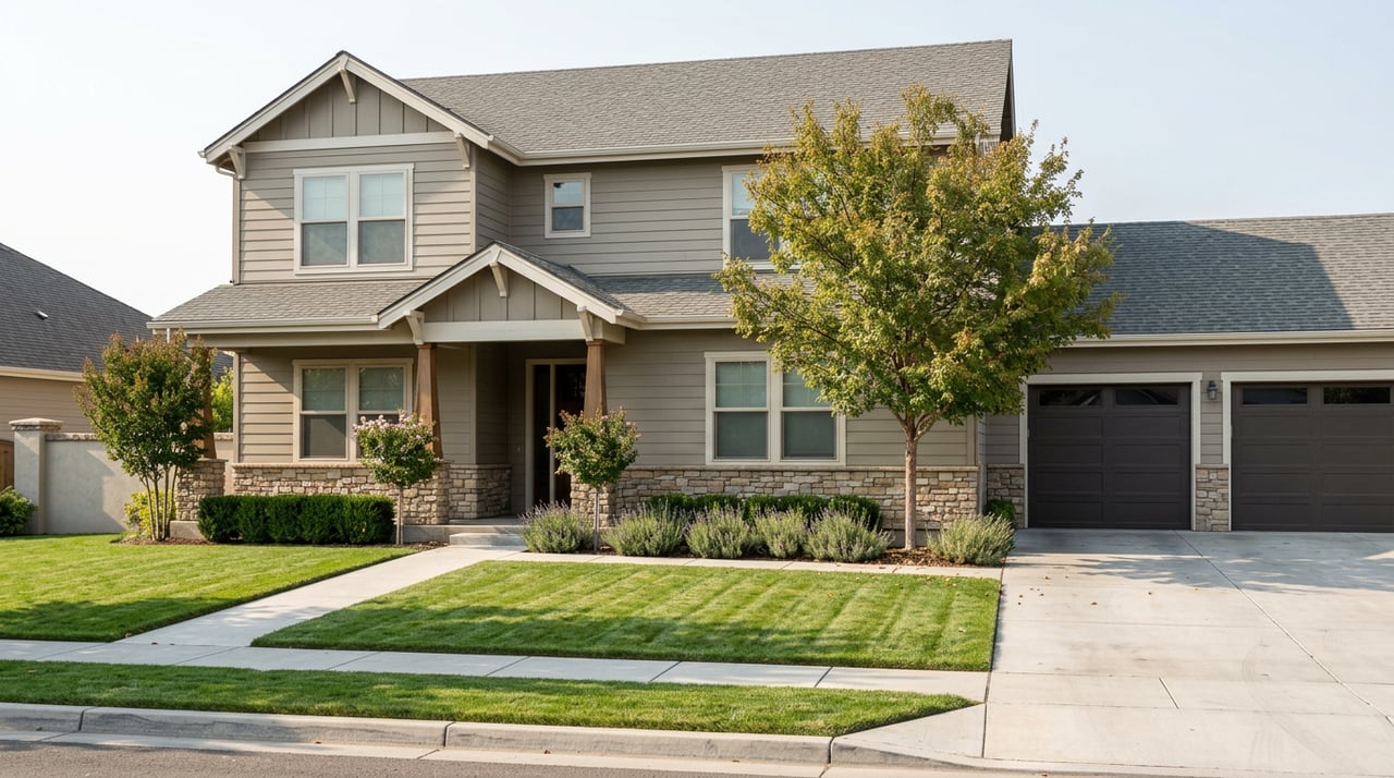 Two-story greige house with a three-bay garage, stone accents, and a broad lawn beneath a mature tree.