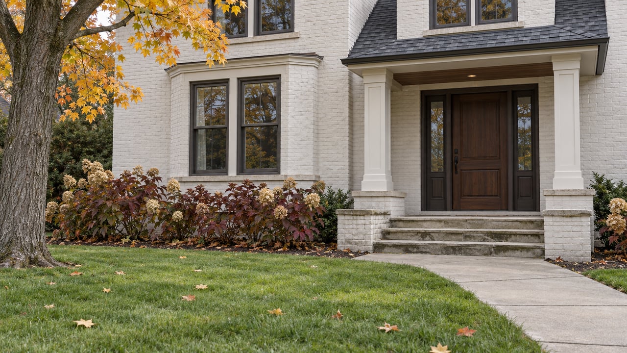 Pale painted-brick home with dark windows, a sheltered walnut front door, limestone steps and an autumn maple beside a deep lawn.