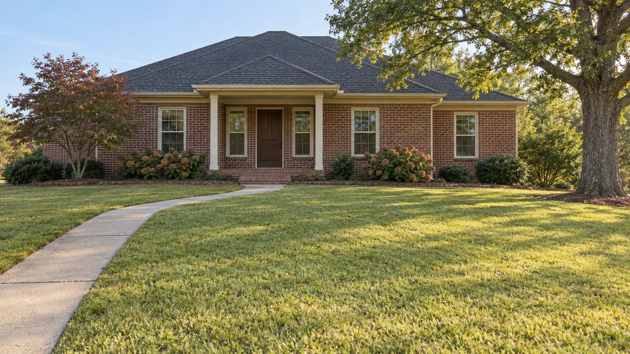 Established brick home beyond a broad lawn, with a curved concrete approach, recessed porch and mature white oak.
