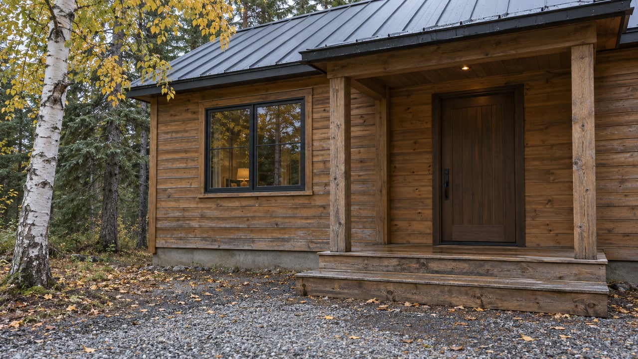 Timber home entry with a glazed window, broad wooden steps, damp gravel, and fallen birch leaves.