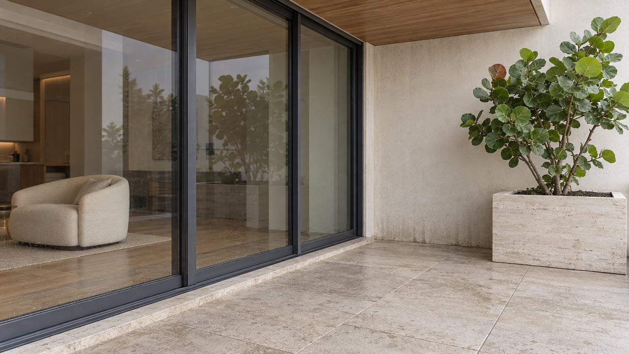 A recessed apartment terrace with pale travertine paving, dark-framed sliding glass doors and a single sea grape specimen in a raised stone planter.