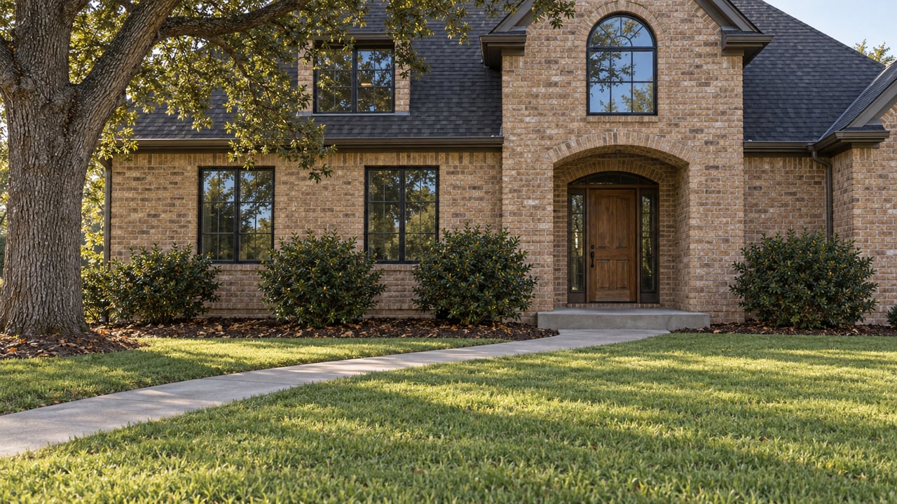 Buff-brick two-story home with a dark gabled roof, arched entry, deep front lawn and mature oak.