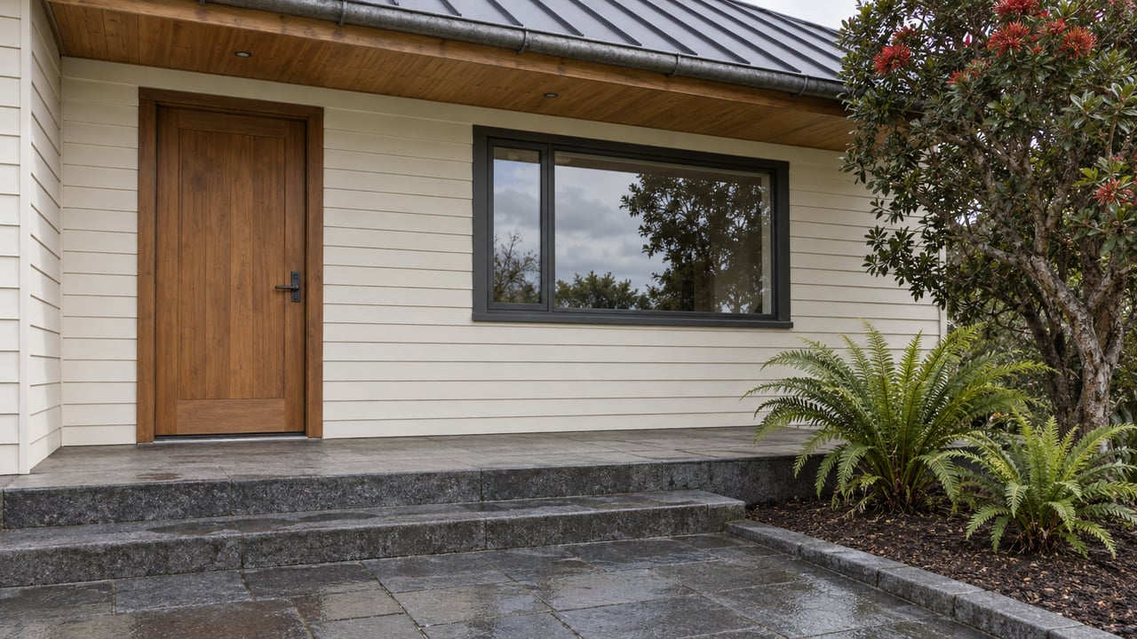 Weathered white timber home entrance with a honey-brown door, basalt steps and native planting in soft daylight.