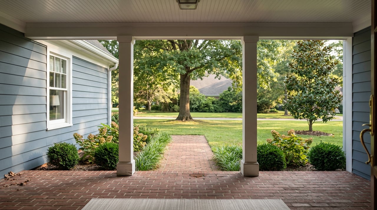 White porch columns frame a brick walkway and lawn beneath a spreading mature tree.