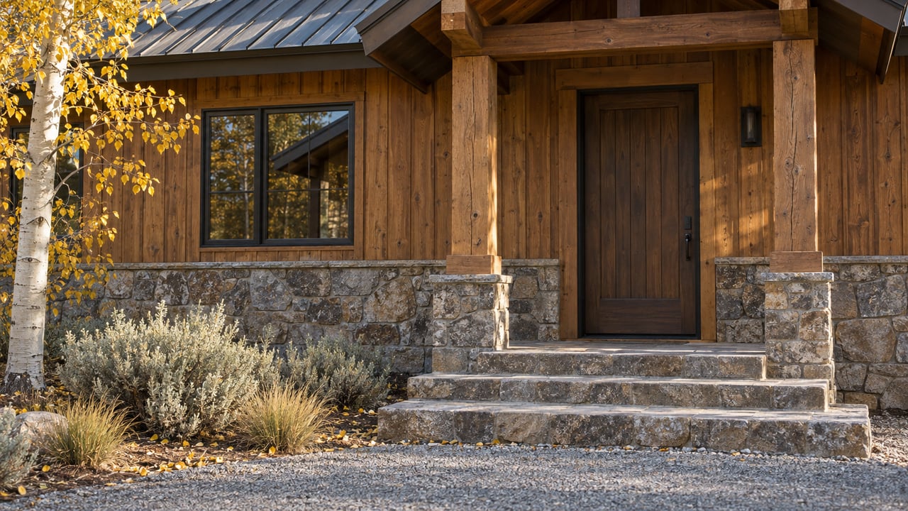 Mountain lodge entry with cedar siding, timber posts, a dark wood door, stone base, and broad stone steps.