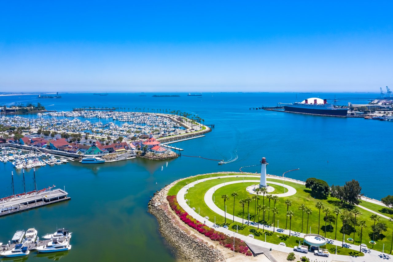 Long Beach waterfront near Queen Mary, site of future amphitheater and Olympic events—part of real estate growth story
