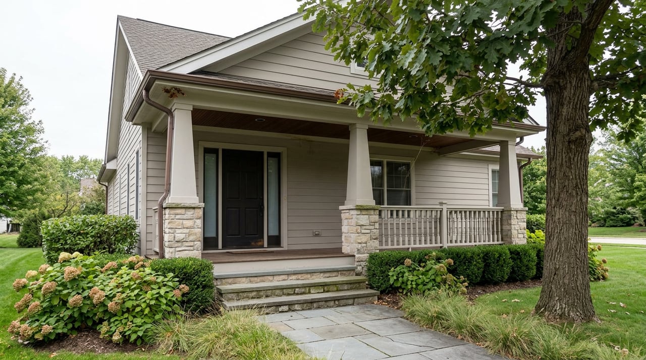 Covered suburban porch with stone column bases, a paneled door, bluestone steps, and a mature oak beside the lawn.