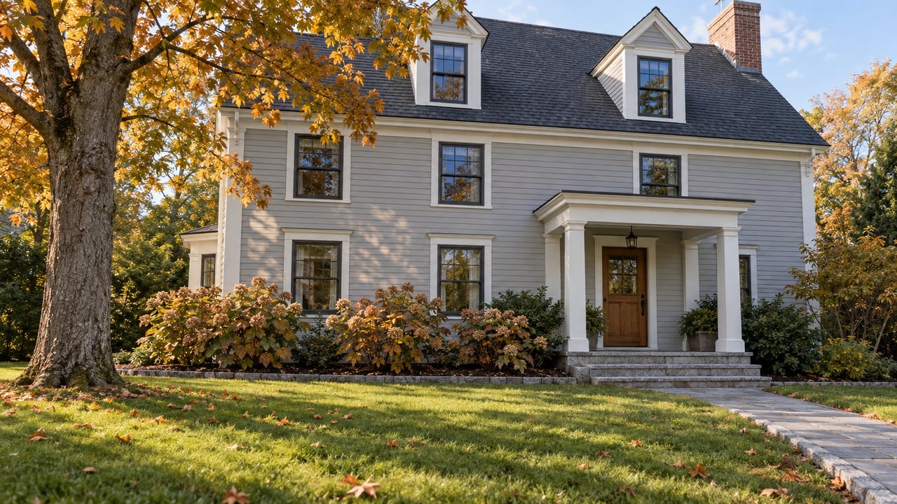 Light-gray clapboard home with a steep roof, white porch columns and granite entry steps beyond an autumn lawn and amber maple.