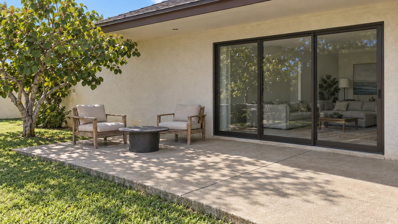 Sunlit stucco home's rear terrace with bronze sliding doors, two teak chairs, and a sea-grape tree beside the lawn.