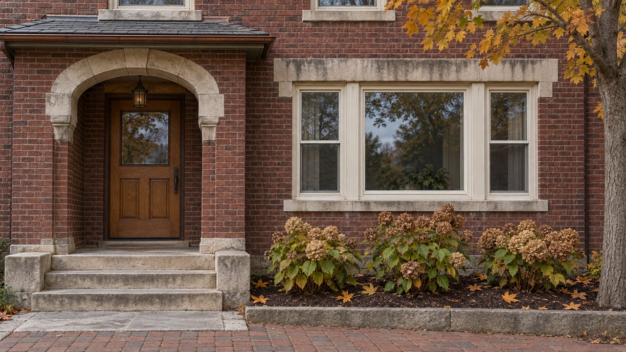 Older red brick home with a limestone arched entry, oak door, cream window frames, and autumn planting beside stone steps.