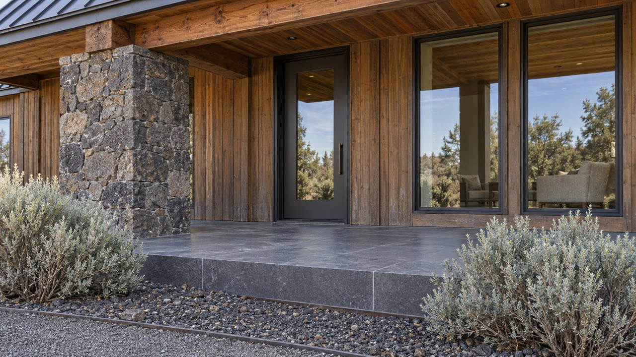 Covered timber-and-stone home entrance with bronze-framed glazing, basalt steps and two silver sagebrush shrubs.