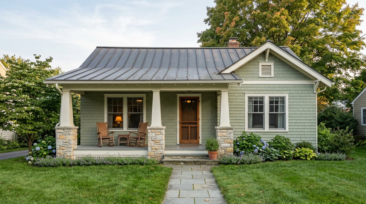 Sage-green Craftsman cottage with a covered porch, bluestone walkway, and mature tree shading the lawn.