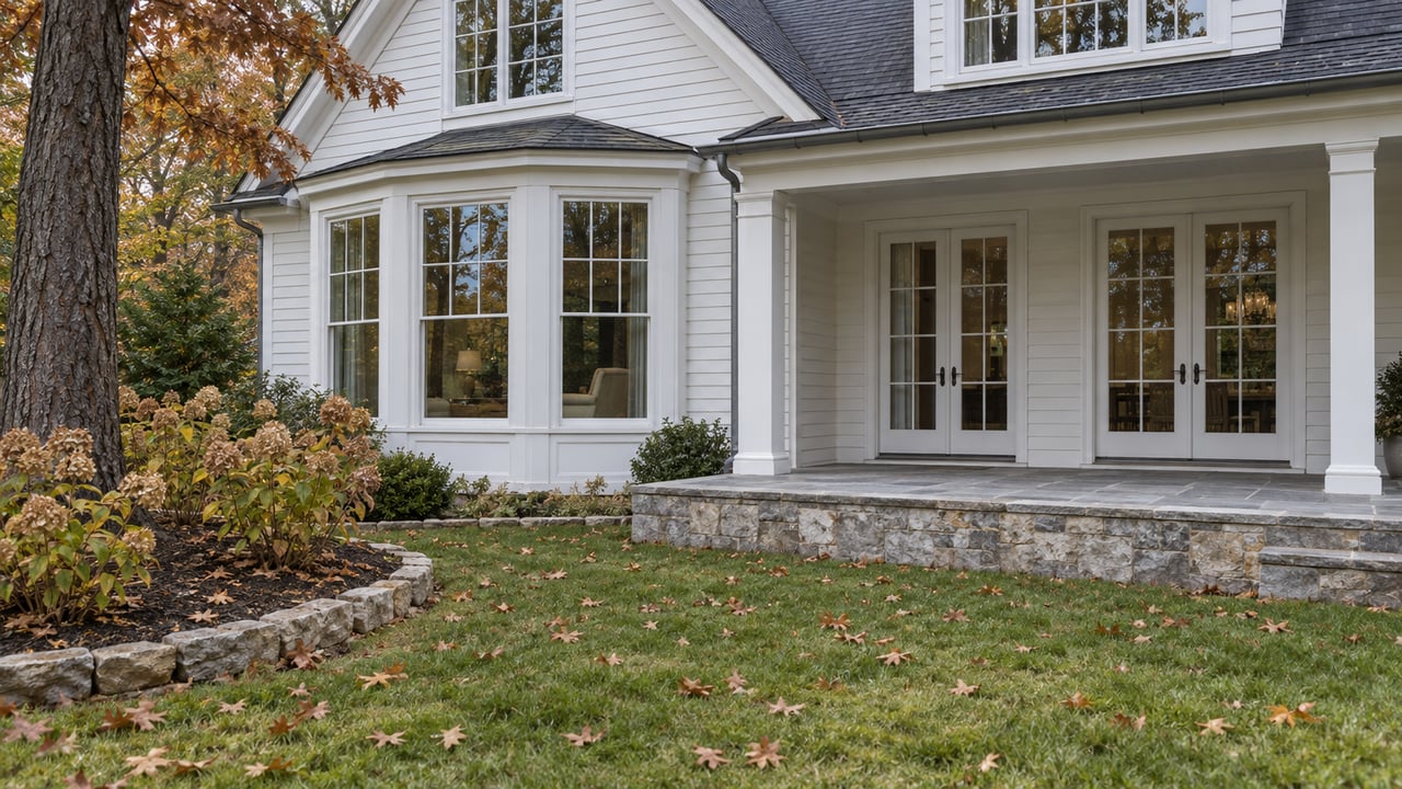 White clapboard home with a tall window bay, covered limestone terrace and russet oak beside an autumn garden.