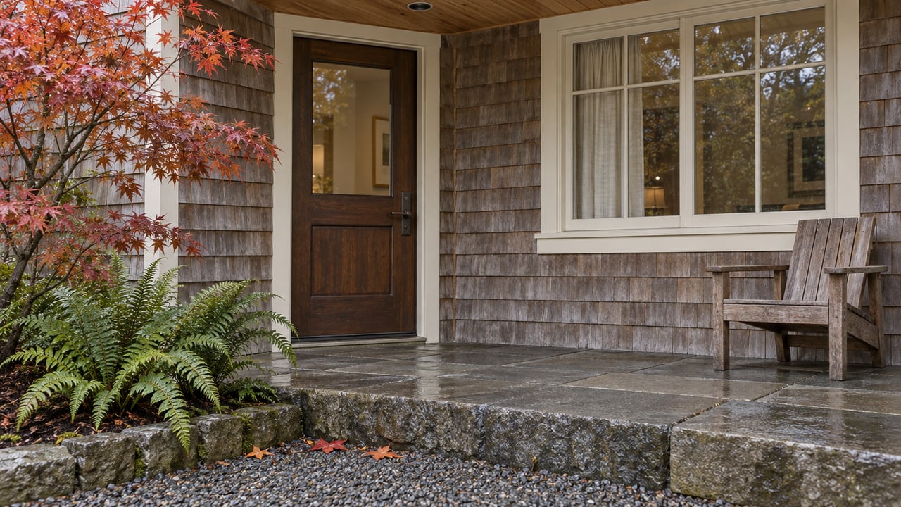 Weathered cedar home entry with a glazed fir door, ivory-framed window, stone porch steps, and autumn vine maple beside sword ferns.