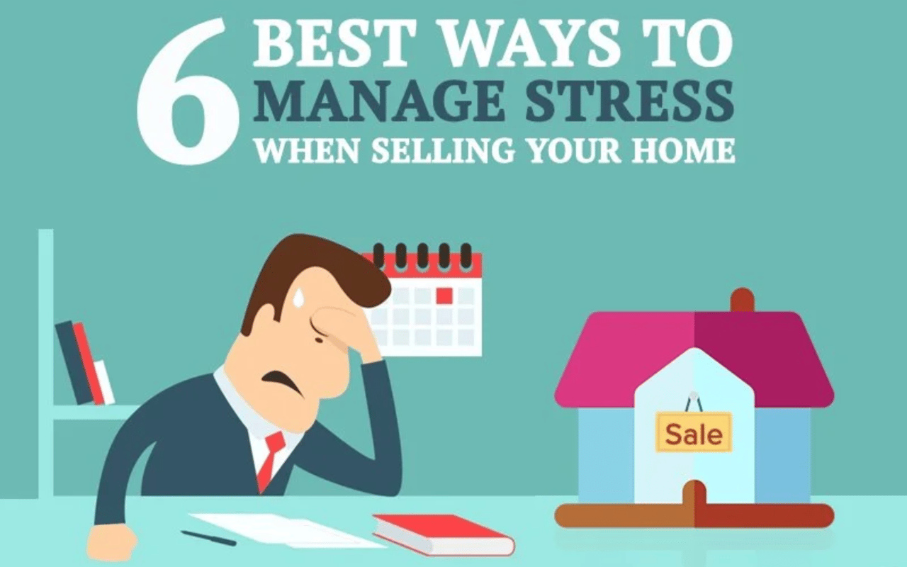 6 ways to manage stress when selling your home, illustrated with a worried seller and a house for sale.
