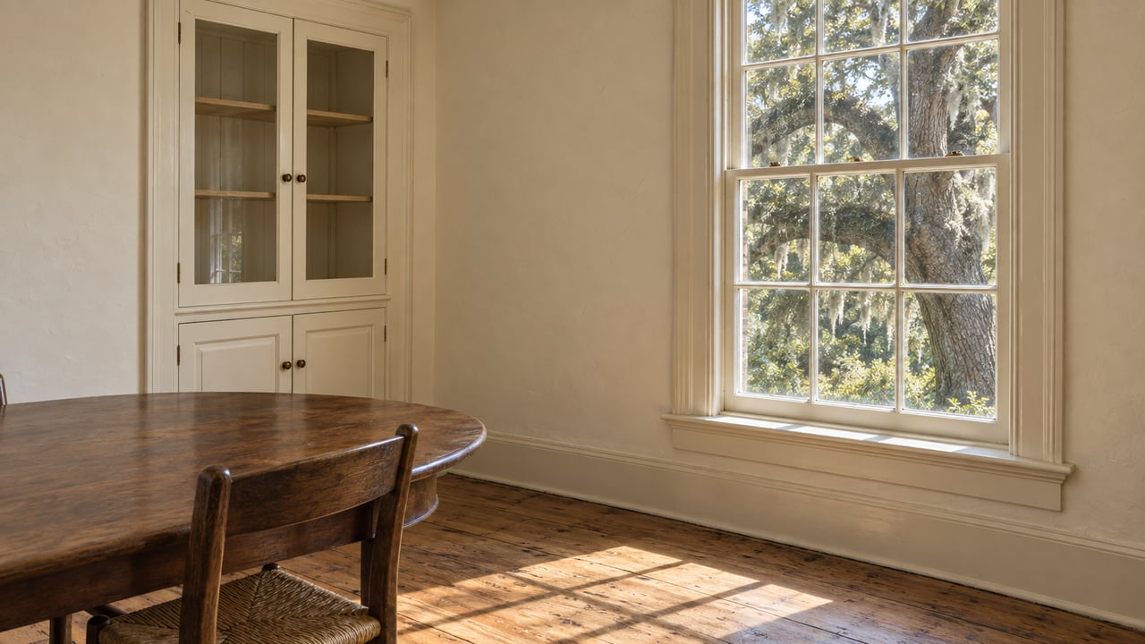 Sunlit dining-room corner with an old timber sash window, painted china cupboard, heart-pine floor and walnut table.