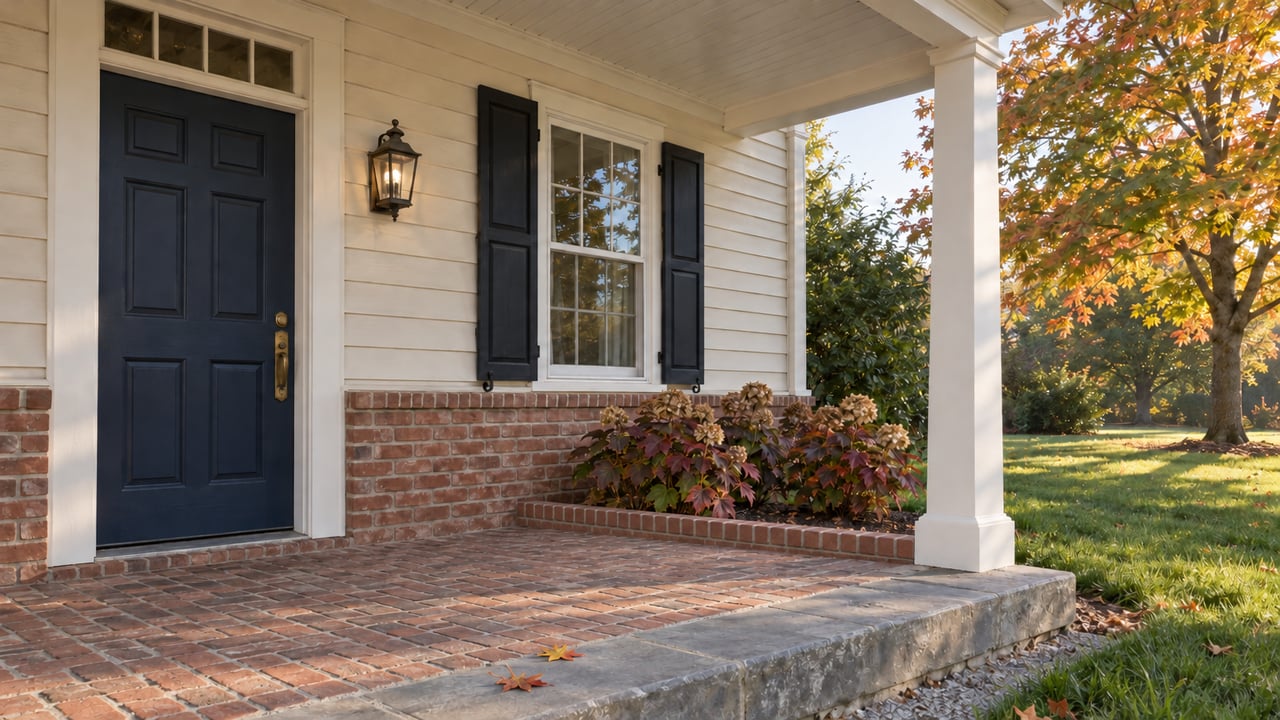Morning light on a covered brick porch with a navy front door, paired black shutters, and hydrangeas contained by a low brick border.