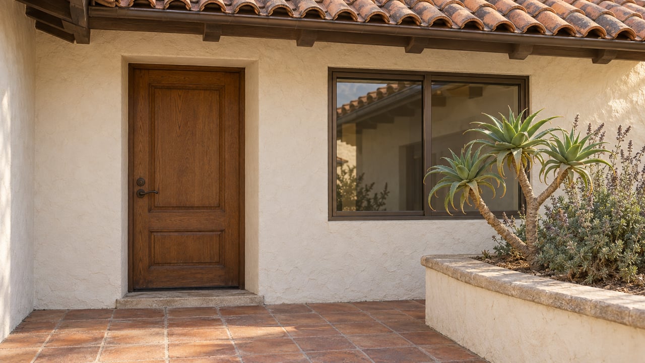 Sunlit stucco home entry with a clay tile roof, oak door, terracotta paving and aloe in a raised masonry bed.