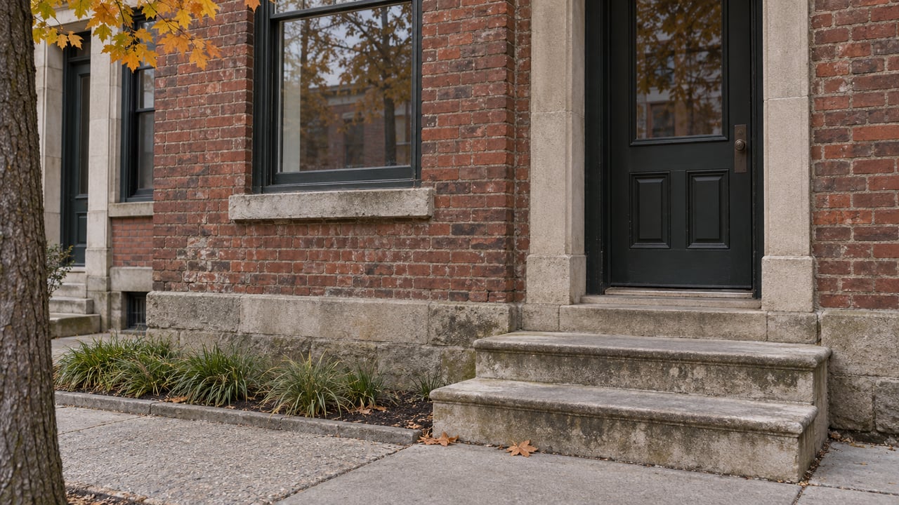 Worn limestone townhouse stoop beside a recessed dark wood door and brick facade, with amber leaves at the edge.
